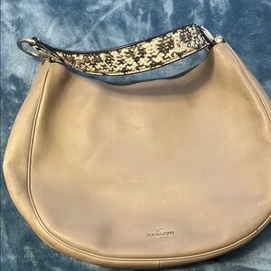 Coach Taupe Leather Hobo Bag with Patterned Strap